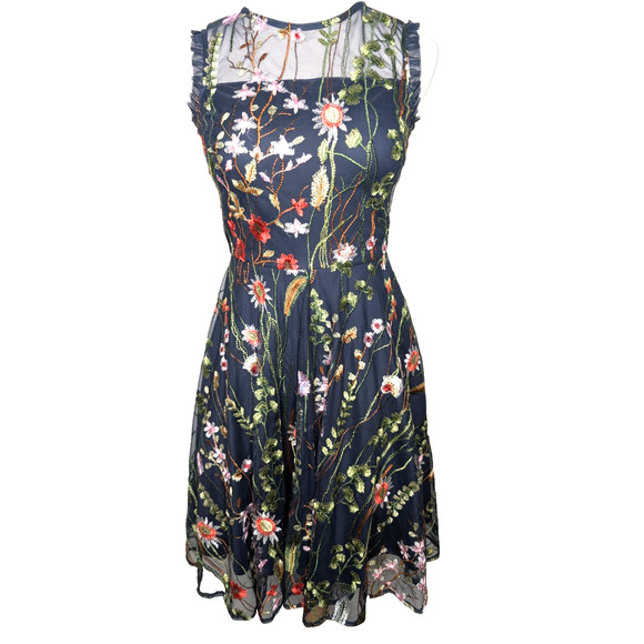 Morgan & Co Navy Lace Floral Embroidered Illusion Garden Fairy Short Formal Gown - Picture 4 of 16